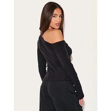 Women's Ribbed LongSleeve Button Up Shirt Solid Color Off Shoulder Lightweight Cardigan