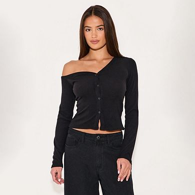 Women's Ribbed LongSleeve Button Up Shirt Solid Color Off Shoulder Lightweight Cardigan