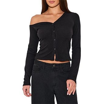 Women's Ribbed LongSleeve Button Up Shirt Solid Color Off Shoulder Lightweight Cardigan