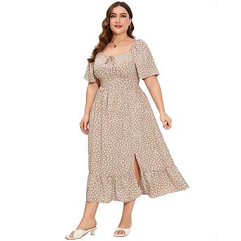 Women's Plus Size Ruffled Long Dress Square Neck Lace-Up Slit Waist Fitted Midi Dress with Pockets