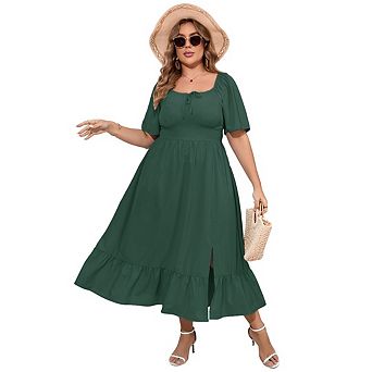 Women's Plus Size Ruffled Long Dress Square Neck Lace-Up Slit Waist Fitted Midi Dress with Pockets