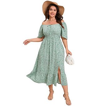 Women's Plus Size Ruffled Long Dress Square Neck Lace-Up Slit Waist Fitted Midi Dress with Pockets