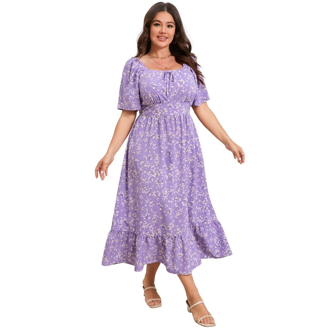 Женские платья Plus Size Ruffled Long Dress Square Neck Lace-Up Slit Waist Fitted Midi Dress with Pockets