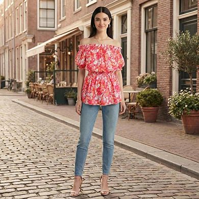 Women's Off-Shoulder Blouse Fitted Waist One-Shoulder Ruffle Top Puff Sleeve Blouse