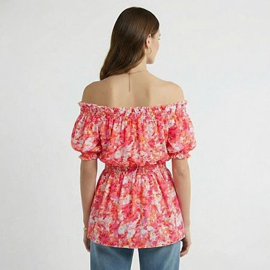 Women's Off-Shoulder Blouse Fitted Waist One-Shoulder Ruffle Top Puff Sleeve Blouse