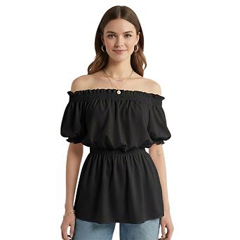 Women's Off-Shoulder Blouse Fitted Waist One-Shoulder Ruffle Top Puff Sleeve Blouse