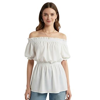 Women's Off-Shoulder Blouse Fitted Waist One-Shoulder Ruffle Top Puff Sleeve Blouse