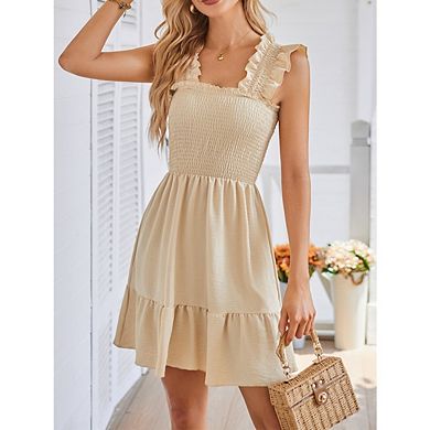Women's V-Neck Pleated Square Neck Dress Layered Boho Ruffle Off Shoulder Mini Dress