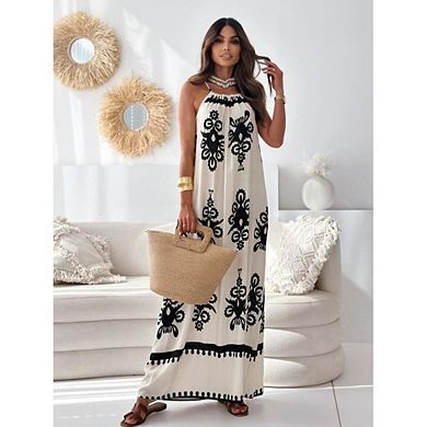Women's Boho Suspender One-Piece Collar Sleeveless Casual Maxi Dress
