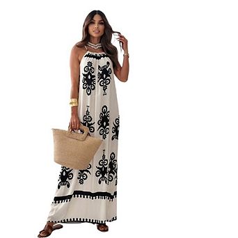 Women's Boho Suspender One-Piece Collar Sleeveless Casual Maxi Dress