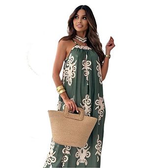 Women's Boho Suspender One-Piece Collar Sleeveless Casual Maxi Dress