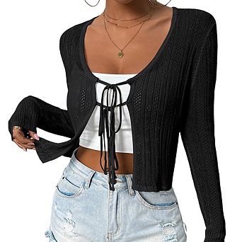 Women's Long Sleeve Hollow Out Knit Cardigan Front Double Tie Sweater Top Crew Neck Cropped Top