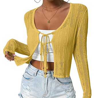 Women's Long Sleeve Hollow Out Knit Cardigan Front Double Tie Sweater Top Crew Neck Cropped Top