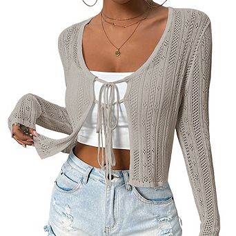 Women's Long Sleeve Hollow Out Knit Cardigan Front Double Tie Sweater Top Crew Neck Cropped Top