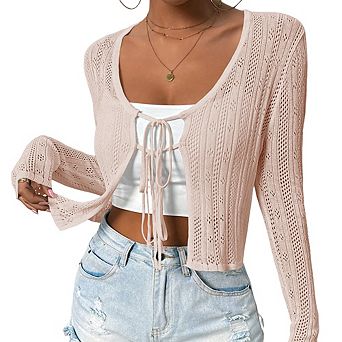 Women's Long Sleeve Hollow Out Knit Cardigan Front Double Tie Sweater Top Crew Neck Cropped Top
