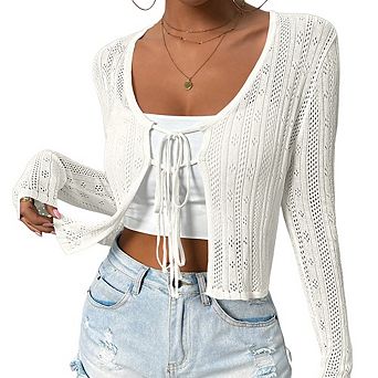 Women's Long Sleeve Hollow Out Knit Cardigan Front Double Tie Sweater Top Crew Neck Cropped Top