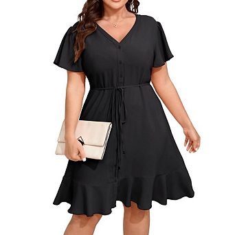 Women Plus Size Summer Dress Casual Sundress Beach Short Sleeve V Neck Button Up Midi Flowy Dresses