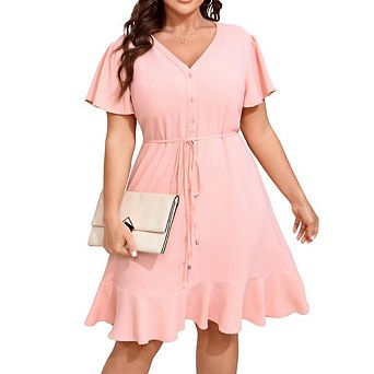 Women Plus Size Summer Dress Casual Sundress Beach Short Sleeve V Neck Button Up Midi Flowy Dresses