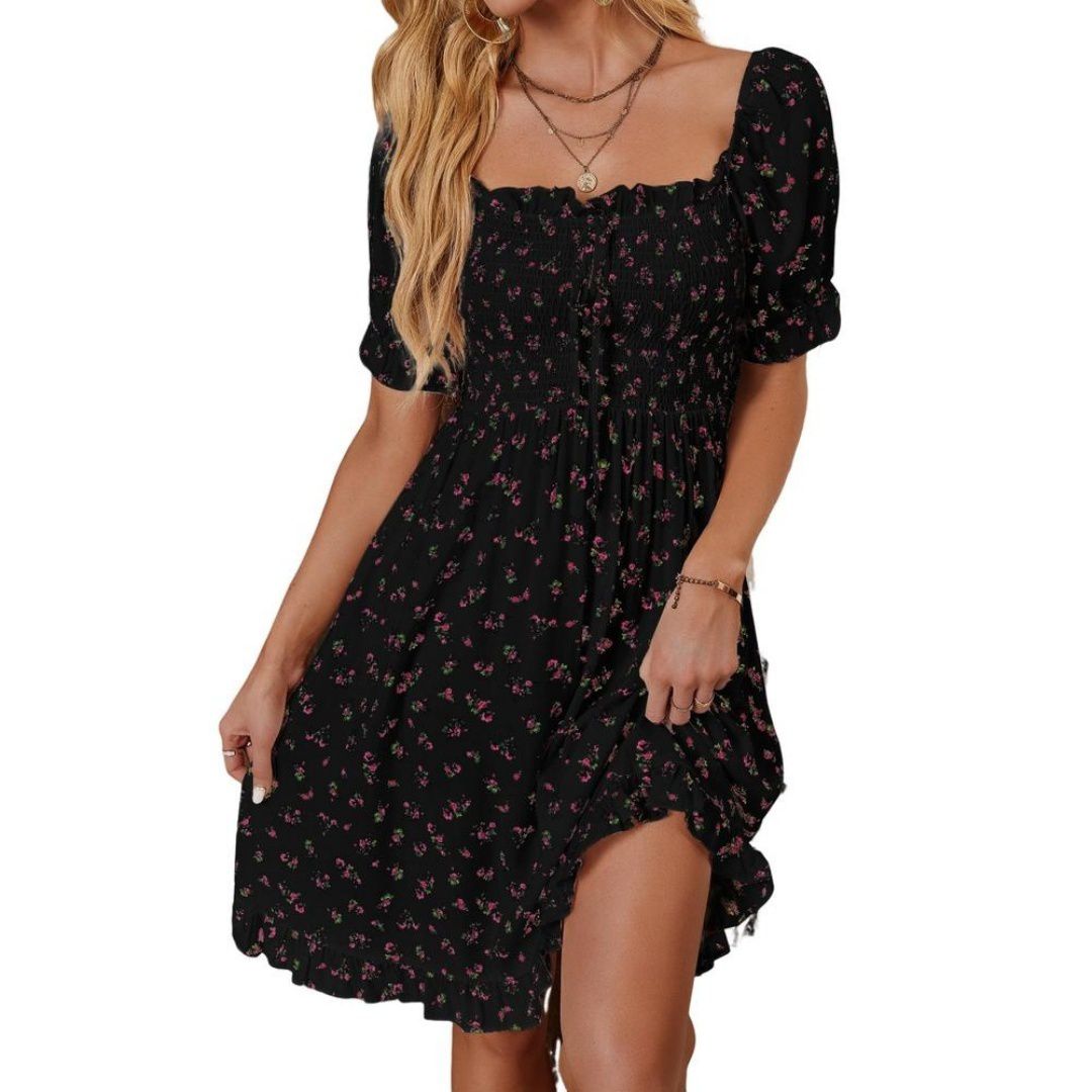 Женские платья Floral Casual Mini Dresses Smocked Square Neck Puff Sleeve Dress Ruffle Hem Babydoll Dress
