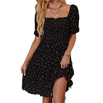 Women's Floral Casual Mini Dresses Smocked Square Neck Puff Sleeve Dress Ruffle Hem Babydoll Dress