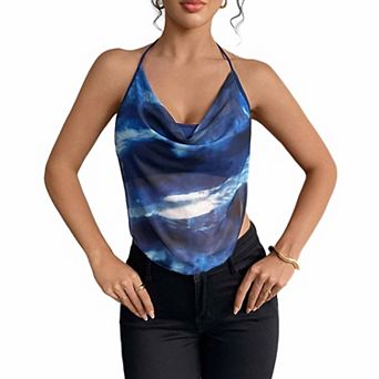 Women's Sheer Halter Crop Top Cowl Neck Mesh Party Shirt for Vacation