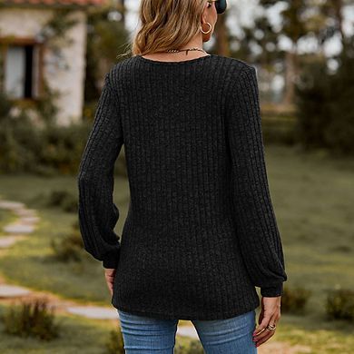 Women's Crew Neck Ribbed Brushed Long Sleeve Tops with Button Simple Versatile Loose Pullover Top