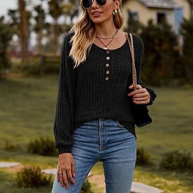 Women's Crew Neck Ribbed Brushed Long Sleeve Tops with Button Simple Versatile Loose Pullover Top