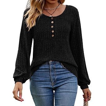 Women's Crew Neck Ribbed Brushed Long Sleeve Tops with Button Simple Versatile Loose Pullover Top