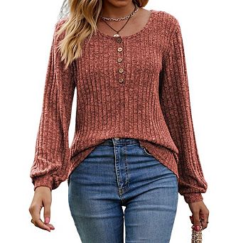 Women's Crew Neck Ribbed Brushed Long Sleeve Tops with Button Simple Versatile Loose Pullover Top
