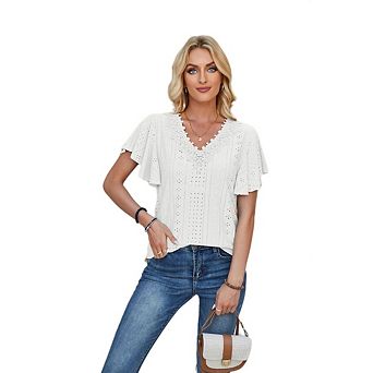 Womens Casual Short Sleeve Shirts Eyelet V Neck Ruffled Tops Business Work Office T-Shirts