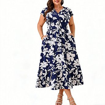 Plus Size Women Notch Lapel Ruffle Pocket Maxi Dress Printed Midi Dress Casual Versatile Dress