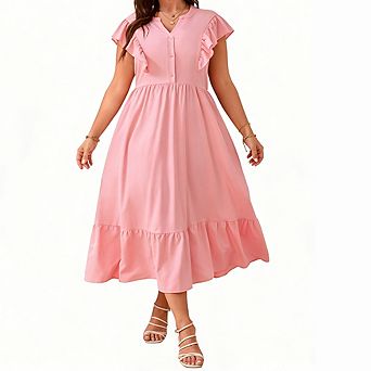 Plus Size Women Notch Lapel Ruffle Pocket Maxi Dress Printed Midi Dress Casual Versatile Dress