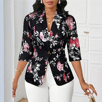 Women's Floral Print Fitted 3/4 Long Sleeve Jacket Summer Casual Single Button Front Blazer Shirt