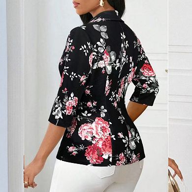Women's Floral Print Fitted 3/4 Long Sleeve Jacket Summer Casual Single Button Front Blazer Shirt