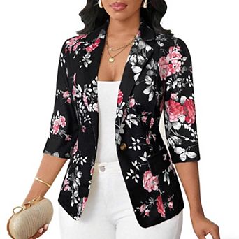 Women's Floral Print Fitted 3/4 Long Sleeve Jacket Summer Casual Single Button Front Blazer Shirt