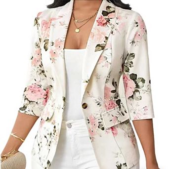 Women's Floral Print Fitted 3/4 Long Sleeve Jacket Summer Casual Single Button Front Blazer Shirt