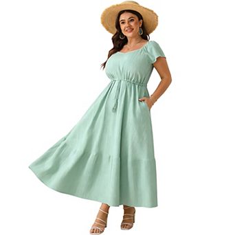 Women's Ruffle Sleeve V-Neck Tiered Maxi Dress with Drawstring Waist and Pockets Casual Flowy Dress