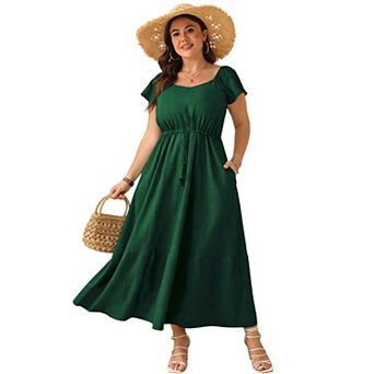 Women's Ruffle Sleeve V-Neck Tiered Maxi Dress with Drawstring Waist and Pockets Casual Flowy Dress
