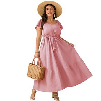 Women's Ruffle Sleeve V-Neck Tiered Maxi Dress with Drawstring Waist and Pockets Casual Flowy Dress