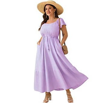 Women's Ruffle Sleeve V-Neck Tiered Maxi Dress with Drawstring Waist and Pockets Casual Flowy Dress