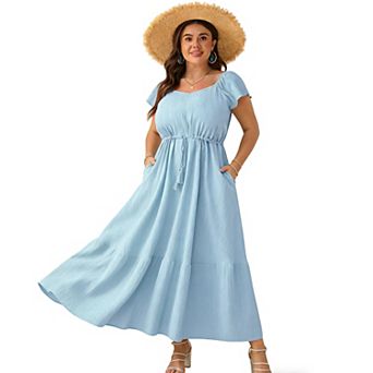 Women's Ruffle Sleeve V-Neck Tiered Maxi Dress with Drawstring Waist and Pockets Casual Flowy Dress