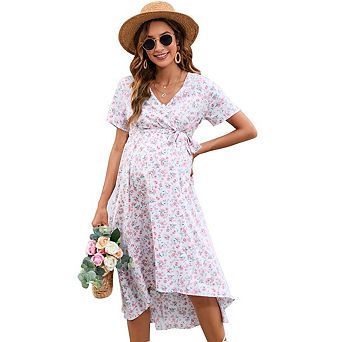 Maternity Dress Cross V Neck Wrap Dress Lantern Sleeve Dress A-Line Flowy Dress with Belt