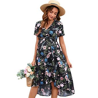 Maternity Dress Cross V Neck Wrap Dress Lantern Sleeve Dress A-Line Flowy Dress with Belt