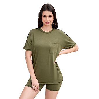 Women Set Oversized Short Sleeve Casual Loose Top Basic Tee with Pocket and Shorts