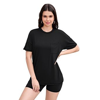 Women Set Oversized Short Sleeve Casual Loose Top Basic Tee with Pocket and Shorts