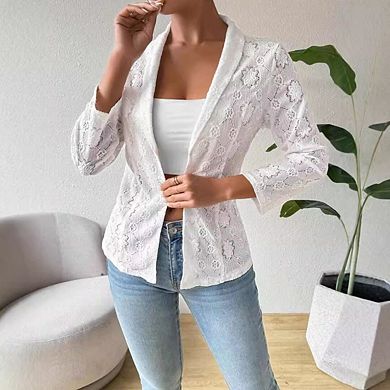 Women's Lace Open Front Button Down Sheer Mesh Elegant 3/4 Sleeve Casual Blazers Jacket