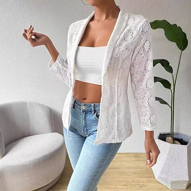 Women's Lace Open Front Button Down Sheer Mesh Elegant 3/4 Sleeve Casual Blazers Jacket