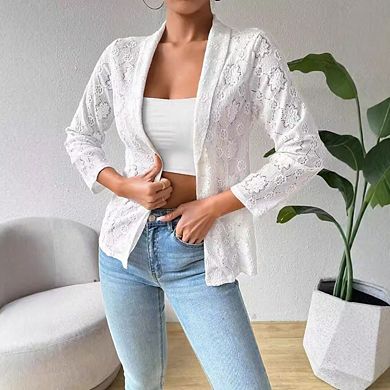 Women's Lace Open Front Button Down Sheer Mesh Elegant 3/4 Sleeve Casual Blazers Jacket