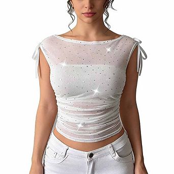Women's Sheer Sequin Mesh Blouse Off-Shoulder Bow-Accent Ruched Crop Top for Night Out