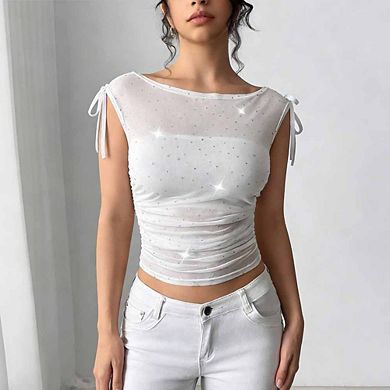 Women's Sheer Sequin Mesh Blouse Off-Shoulder Bow-Accent Ruched Crop Top for Night Out
